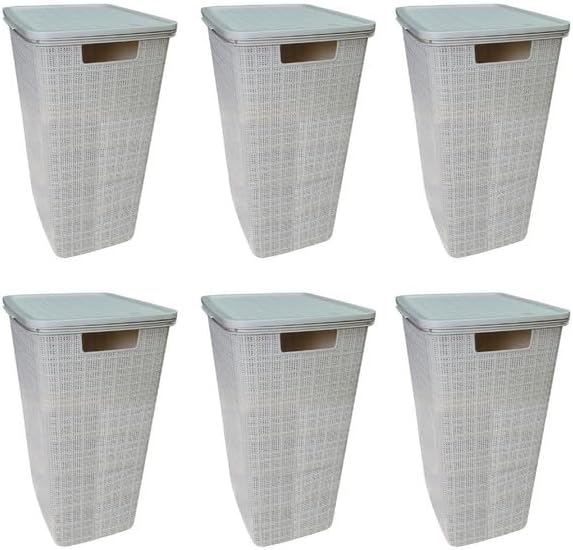 YBM Home Plastic Rattan Laundry Hamper Basket with Hinged Lid, Ventilation Holes, Durable, Lightweight Bin With Cutout Handles, Storage Dirty Clothes, Space Saver, 16.75" x 13.5" x 23.75",Beige,6-Pack