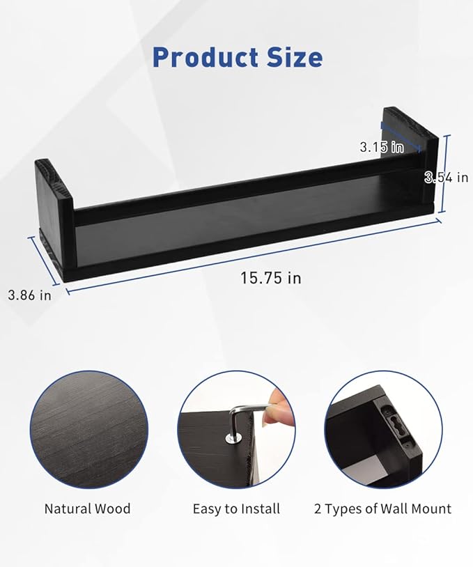 Gneric Floating Shelves for Wall, Black Nursery Book Shelves, 15.7 inch Kids Bookshelf, Wall Shelves for Living Room Bedroom Decor,Kitchen Spice Rack,Bathroom Storage Rack(2 Pack)