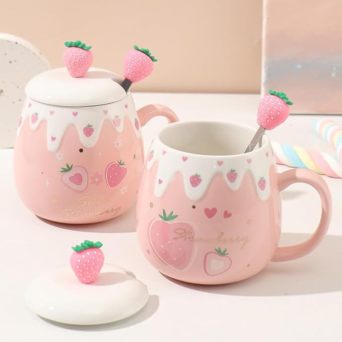 Pink Mug,Cute Strawberry Cup with Lid,Spoon and Coaster,Ceramic Coffee Mug, Kawaii Cup for Tea Milk,Women Girls Student Korean Style 450ML Christmas Birthday Gift