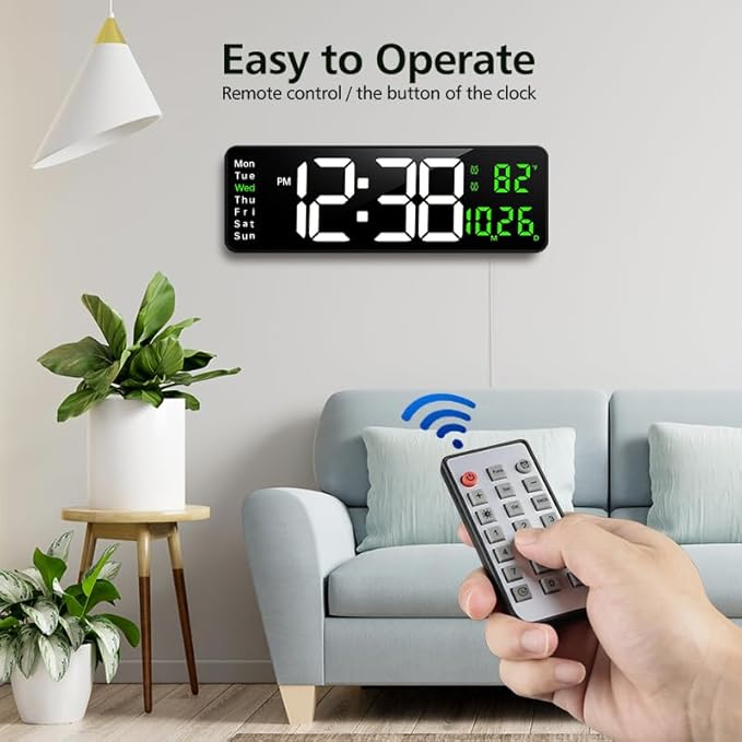 Zgrmbo 16-inch Digital Wall Clock with Remote Control, Large Display Digital Clock with Date, Indoor Temp, Week, 12/24H, Auto Dimming, A Wall Clock Suitable for Living Room, Warehouse, Shop, Gym