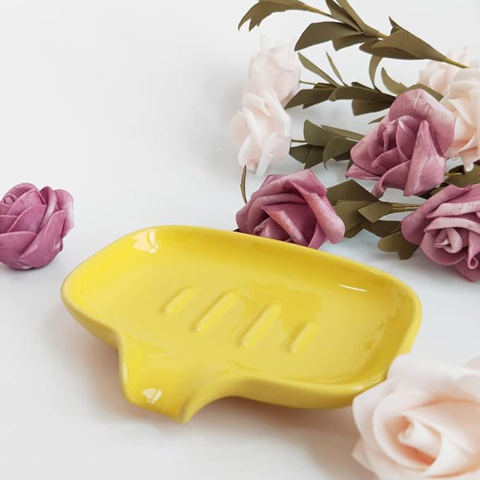 Multi-Color Ceramic Soap Dish for Kitchen or Bathroom, Easy to Clean, Self Draining Soap Holder, Keeps Soap Dry (Yellow)