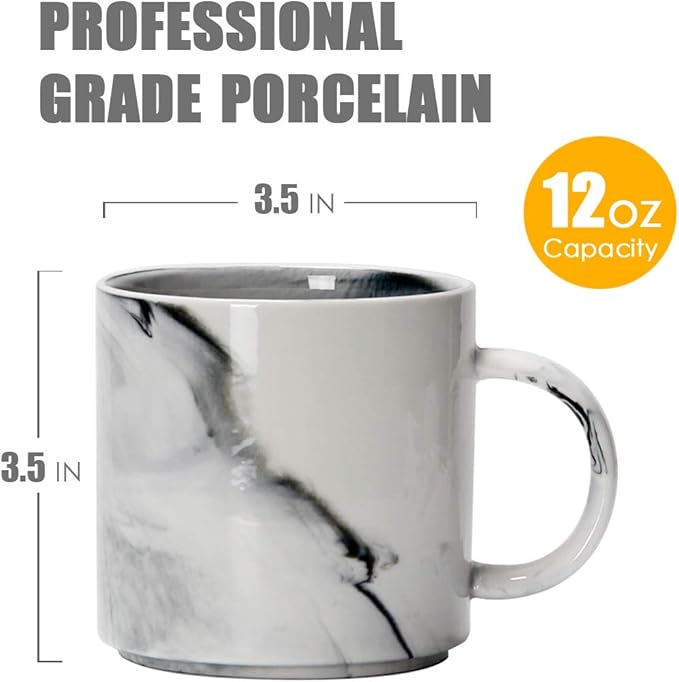 Smilatte 12 oz Stackable Coffee Mugs for Office, M101 Novelty Marble Ceramic Cup for Boy Girl lover Women Men, Set of 4, Gray