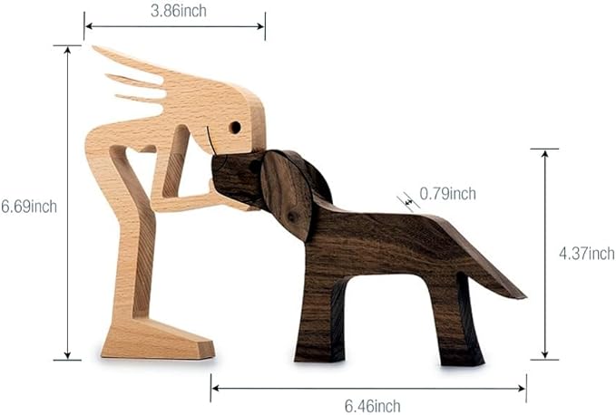Unique Gift Hand Carved Wood Human Statue Figurine Sculpture Home Office Decor, Wooden Man Dog Carving Model to Remember Friendship Between Dog and People