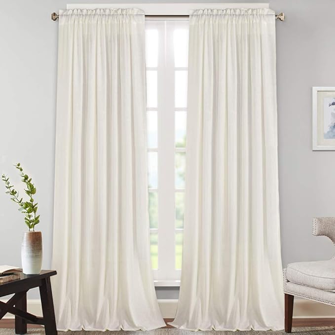 PrinceDeco Linen Blend Curtains Extra Long 108" Long, Rod Pocket Elegant Vertical Thick Linen Curtain Panels for Farmhouse/Living Room Window Drapes for Bedroom(Ivory, 2 Panels)