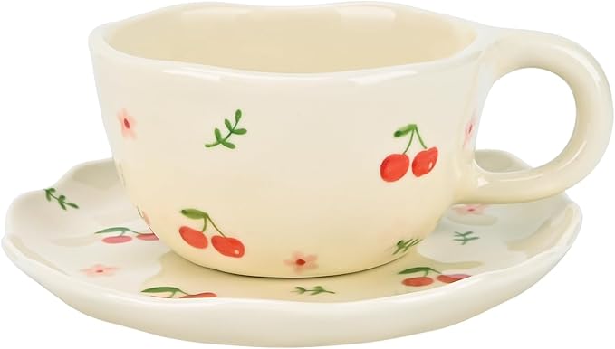 Koythin Ceramic Coffee Mug with Saucers, Handmade Flowers Mugs, Cute Cup for Girl Women, Aesthetic Tea Milk Cup with Handle, 8.5 oz/250 ml for Latte, Cocoa, Office, Home (Cherry Flower)