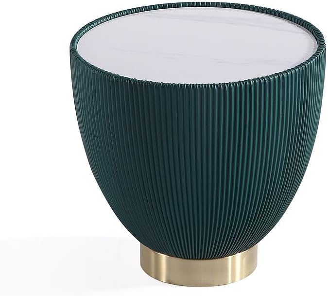 Manhattan Comfort Anderson Modern 18" Round End Table 2.0 | Ceramic Marble Tabletop, Elegant Pleated Leatherette Design & Gold Stainless Steel Base, Fully Assembled Accent Furniture, Set of 2, Green