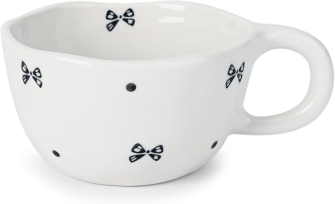 Koythin Ceramic Coffee Mug, Handmade Hot Chocolate Mugs, Cute Cup for Girl Women, Aesthetic Tea Milk Cup with Handle, 8.5 oz/250 ml for Latte, Cocoa, Office, Home (Black Small Bow)