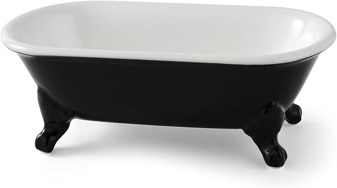 6.5" Ceramic Mini Decorative Clawfoot Bathtub Bar Soap Dish, Kitchen Sponge Holder and Shower Tray for Bathroom, 1 Pack(Black)