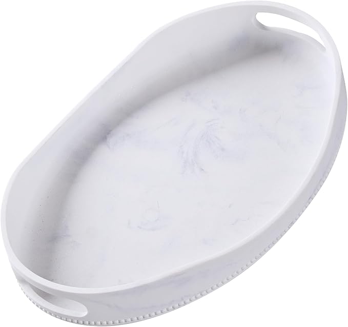 White Marble Serving Tray with Handles - 14x10 inches, Beaded Oval Decorative Tray, Countertop Ottoman Tray for Vanity, Living Room Entryway Table, Perfume Candle Display