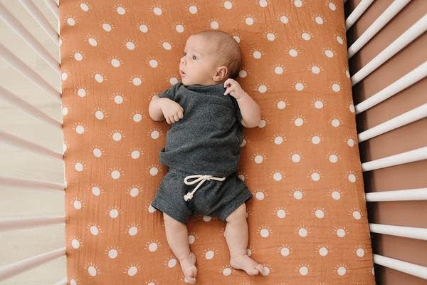 Sunshine Muslin Crib Sheet by Mebie Baby, Soft and Breathable Bed Sheets for Babies, Modern Neutral Bedding for Cribs, Standard Crib Mattress Fitted Sheet, Great for Boy or Girl Room or Nursery