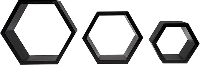 DD DEFINED DECO Set of 3 Pine Wood Hexagon Shelves for Wall Decor,Wall Mounted Floating Shelves,Farmhouse Honeycomb Living Room,Hanging Rustic Shelf Racks Bedroom,Nursery, Black, (B2C230007-3SET)