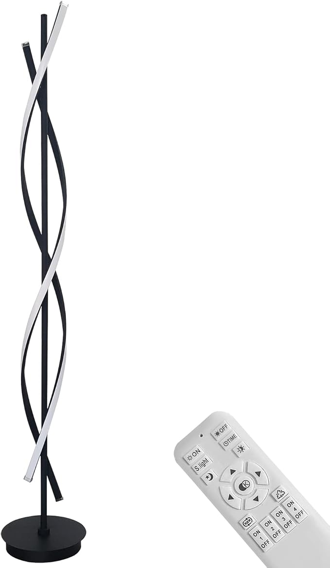 61" LED Floor Lamp for Living Room, 40W 3 Colors Stepless Dimmable and Color-Changing Bright Floor Standing Lamp,Unique Spiral Floor Tall Lamp for Bedroom Office with Remote (Black)