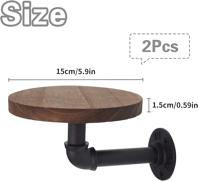 5.9inch Wall Mounted Floating Shelves Round Display Rack with Metal Industrial Pipe Brackets, Rustic Wood Shelving for Bedroom, Bathroom, Living Room, Kitchen, Set of 2