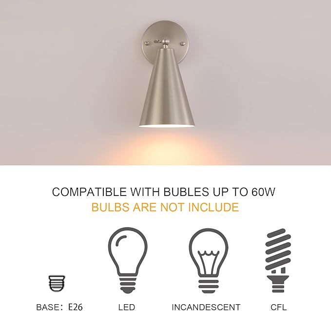 MWZ Brushed Nickel Wall Sconce Set of Two, Modern Sconces Wall Lighting Fixtures with Silver Metal Shade, Indoor Wall Mount Swing Arm Lamp for Bedroom,Bedside,Bar,Kitchen,Hallway