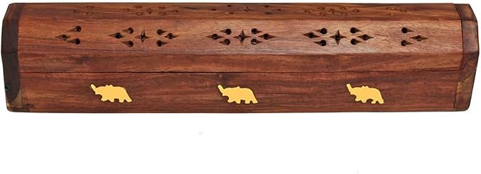 raajsee Beautiful Handmade Wooden Brown Incense Stick Holder Burner Storage Coffin Box - Ash Catcher with Brass Inlay -Home Utilities & Accessories -Meditation -Great Gift for Any Occasion 12x2 inch