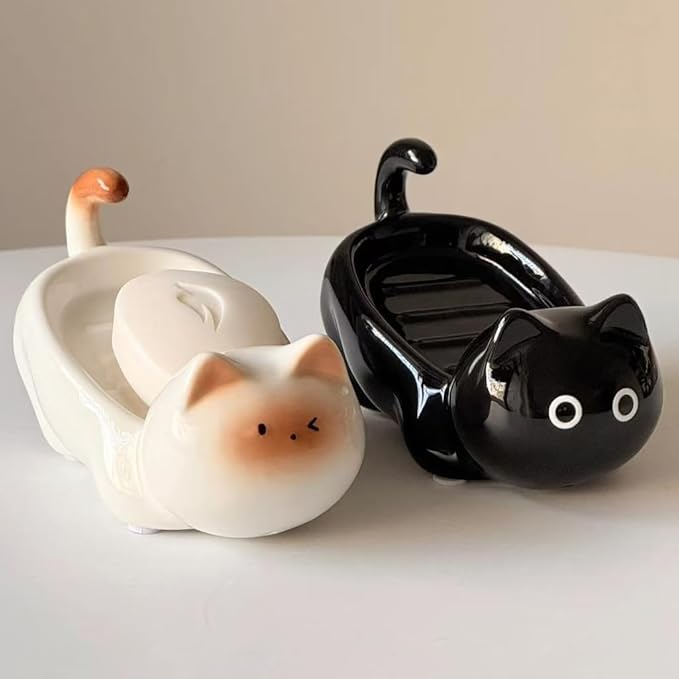 Bar Soap Holder, Cute Ceramic Cat Soap Dish - Self Draining - Small Shower Bar Soap Holder for Soap Bar Holder for Shower, Dish Soap Holder, Soap Dish for Shower (Black)