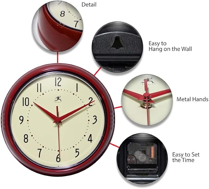 Infinity Instruments LTD. Retro 9 inch Silent Sweep Non-Ticking Mid Century Modern Kitchen Diner Wall Clock Quartz Movement Retro Wall Clock Decorative (Red)…