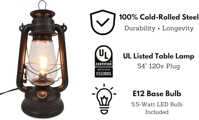 Dimmable Electric Lantern Table Lamp with line Cord dimmer and Edison Style Vintage Bulb-Rustic Rust Finish