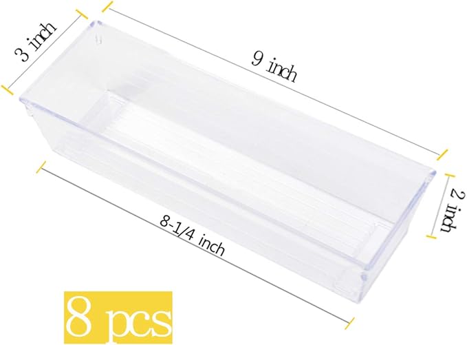 Backerysupply Clear Plastic Drawer Organizer Tray for Vanity Cabinet (9"×3"×2",Set of 8),Storage Tray for Makeup, Kitchen Utensils, Jewelries, and Gadgets