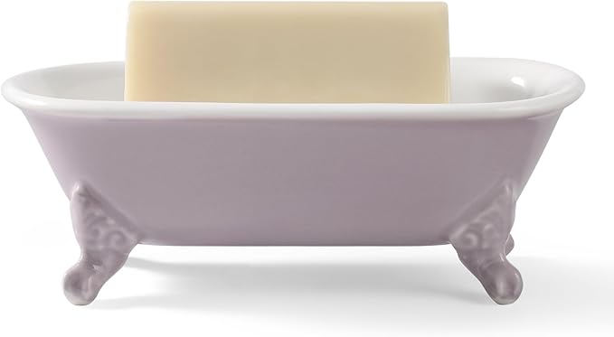 6.5" Ceramic Mini Decorative Clawfoot Bathtub Bar Soap Dish, Kitchen Sponge Holder and Shower Tray for Bathroom, 1 Pack(Lavender)