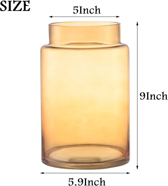 Large Glass Vase, 9 Inch Amber Glass Vase, Large Flower Vases for Bouquet, Tall Wide Mouth Vases for Flowers, Home, Wedding, Living Room, Office Decor