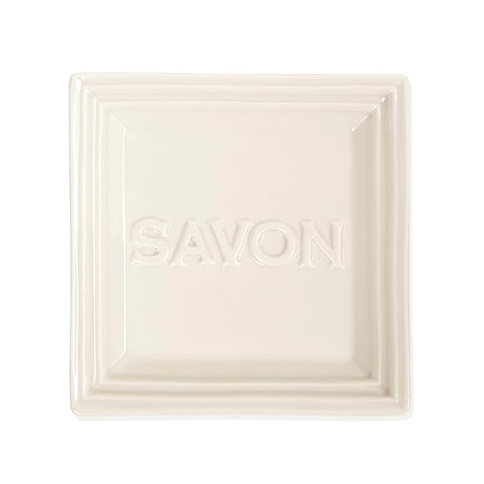 Pre de Provence Marseille Olive Oil Ceramic Soap Dish, Keeps Bar Dry and Protects Countertops, 4.3" Square