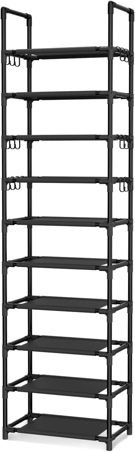 VTRIN 10 Tiers Tall Shoe Rack Holds 20-25 Pairs of Shoes Sturdy Vertical Shoe Organizer with 18pcs Hooks Stackable Narrow Shoe Rack for Closet, Entryway Black