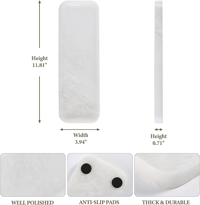 Koville Marble Tray for Bathroom Sink, 12"x4" Natural Stone Vanity Tray for Kitchen Dresser Countertop, Rectangular Decorative Marble Trays for Jewelry Perfume Trinket(White)