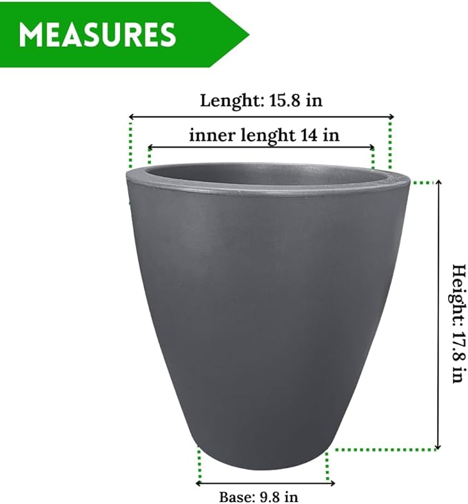 Elly Décor 17 inch Planter for Garden with Drainage, Large Round, Lightweight & Extremely Durable, Deck Indoor/Outdoor Plastic Pot, 17"x15"x9", Light Grey