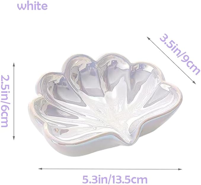 Seashell Ceramic Soap Dish for Bathroom - Efficient Drainage System Prevents Soap Melting, Non-Slip Base with Jewelry Holder, Crack-Resistant Shower Safe Design (White)
