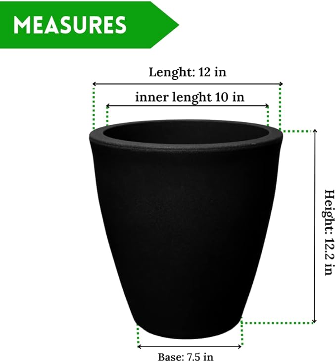 Elly Décor 12 inch Planter for Garden with Drainage, Large Round, Lightweight & Extremely Durable, Deck Indoor/Outdoor Plastic Pot, 12"x12"x7", Black