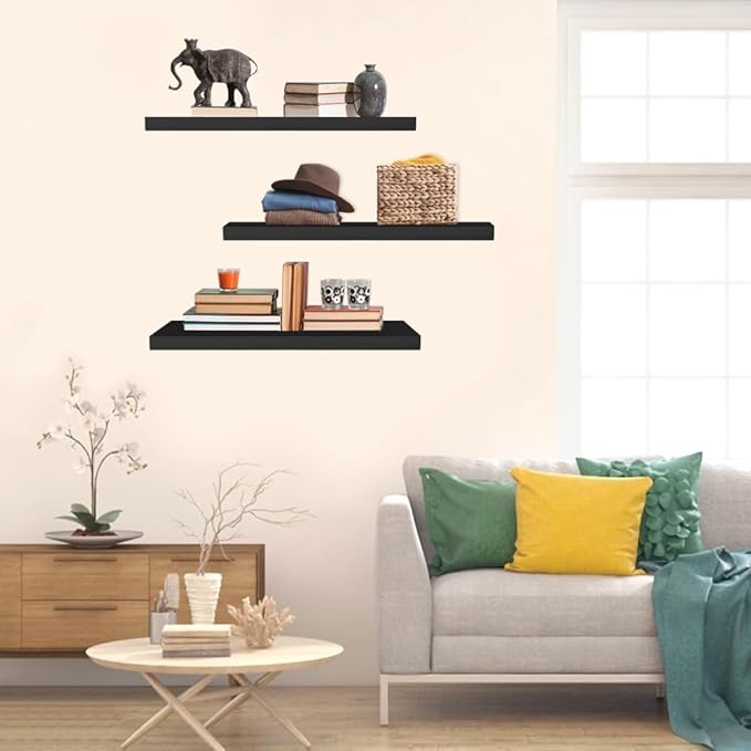 Floating Shelves for Wall, 16*6*1inch Wood Wall Mounted Shelves for Room Decor, Repisas Flotantes for Book Bathroom Bedroom Storage, Renter Friendly Shelves with Invisible Brackets (Black)