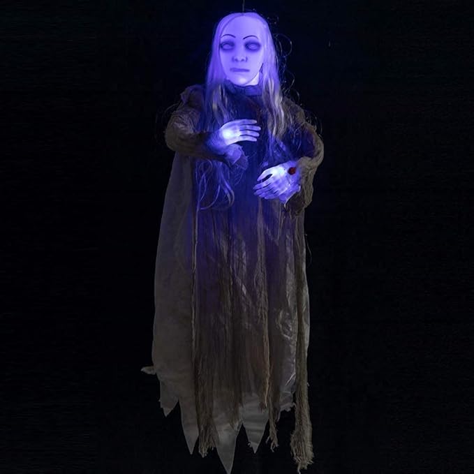HollyHOME Animated Hanging Ghost with Glowing Head and Creepy Sounds Female Ghost Halloween Decorations Outdoor Haunted House Prop Decor 48 Inch