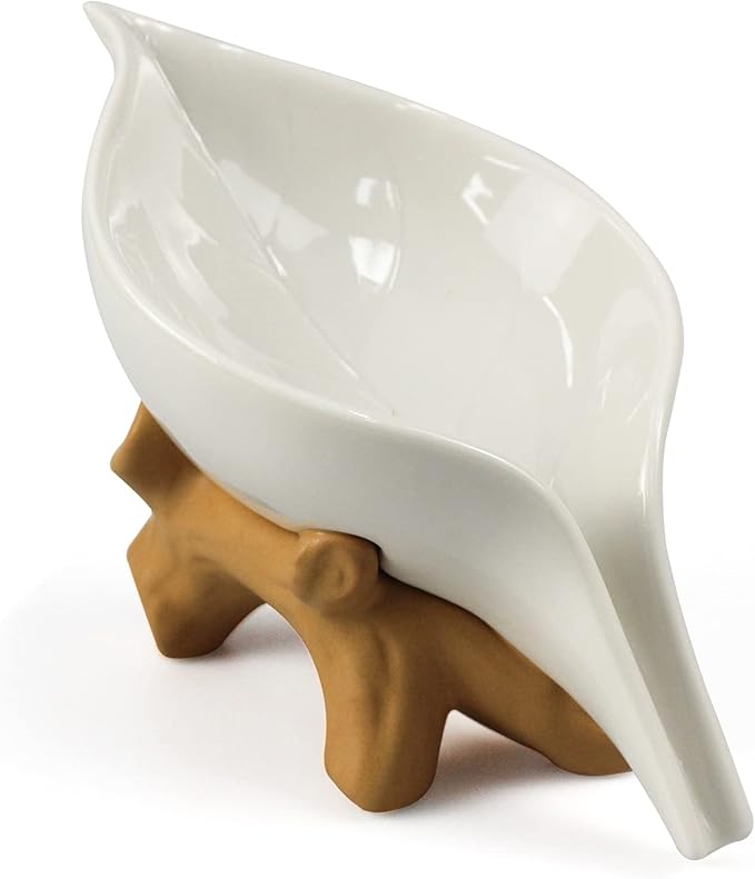 Leaf Soap Dish for Shower,Ceramic Soap Holder with Stump Bathroom Ring Dish Holder for Jewelry Engagament Wedding Birthday Gifts White