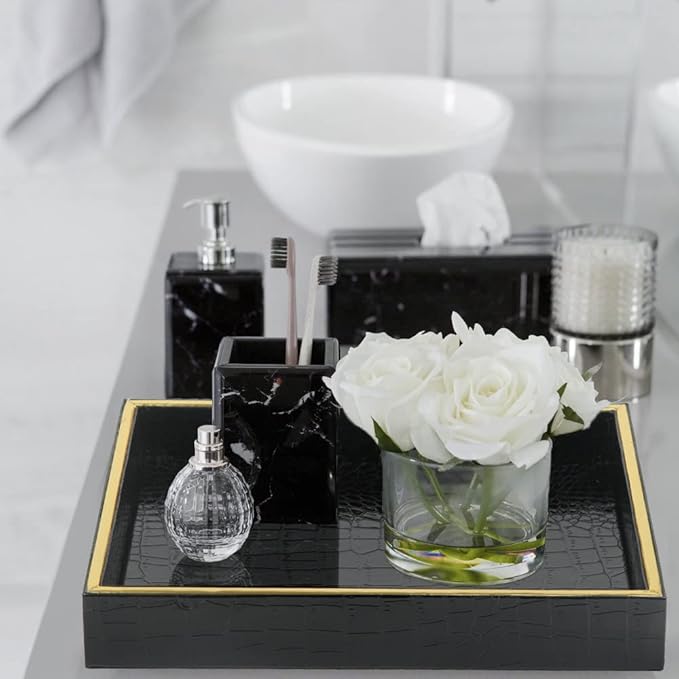 HofferRuffer Faux Leather Vanity Tray, Elegant Desktop Storage Organizer, Decorative Catchall Perfume Tray, Bathroom Valet or Nightstand Dresser Organizer (Black Croco)