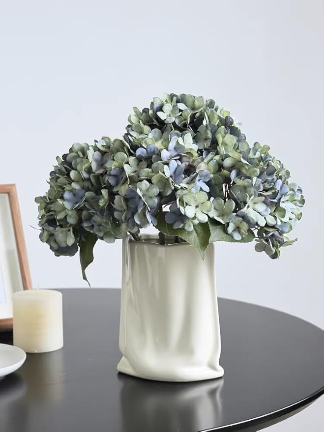 Kimura's Cabin Fake Flowers 6pcs Artificial Silk Hydrangea Flower Bouquets Faux Hydrangea Stems for Home Wedding Party Table Core Autumn Garden Halloween Decoration (Deep Lake Blue, Pack of 6)