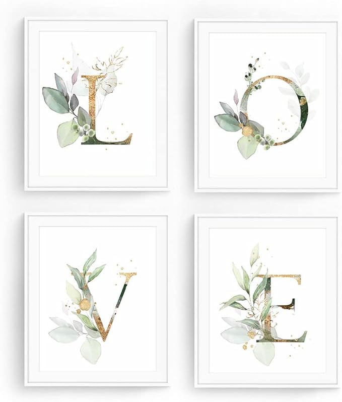 Love Botanical Simple Life Green Leaf Painting Bathroom Wall Decor Art Print Set of 4(8”X10”), Boho Leaf Eucalyptus Wall Décor, Watercolor Modern Bohemia Botanical Floral Leaves Kitchen Plant