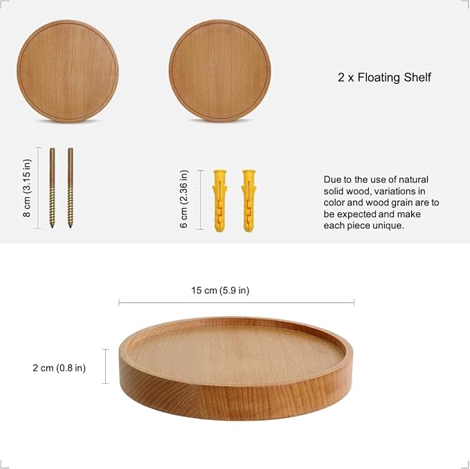Coracle Floating Shelf Wood Round Wall Mounted Showcase Wall Shelf Hanging Planter Storage Wooden Shelf for Plants Photo Candle Invisible Wall Decoration Design Set of 2 (Diameter Ø5.9 inch)