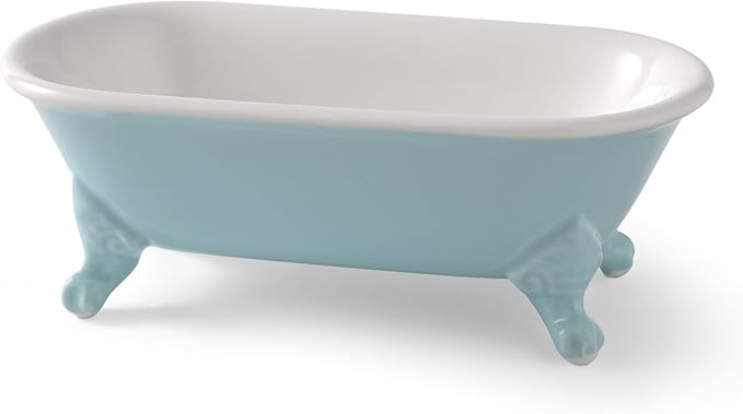 6.5" Ceramic Mini Decorative Clawfoot Bathtub Bar Soap Dish, Kitchen Sponge Holder and Shower Tray for Bathroom, 1 Pack(Baby Blue)