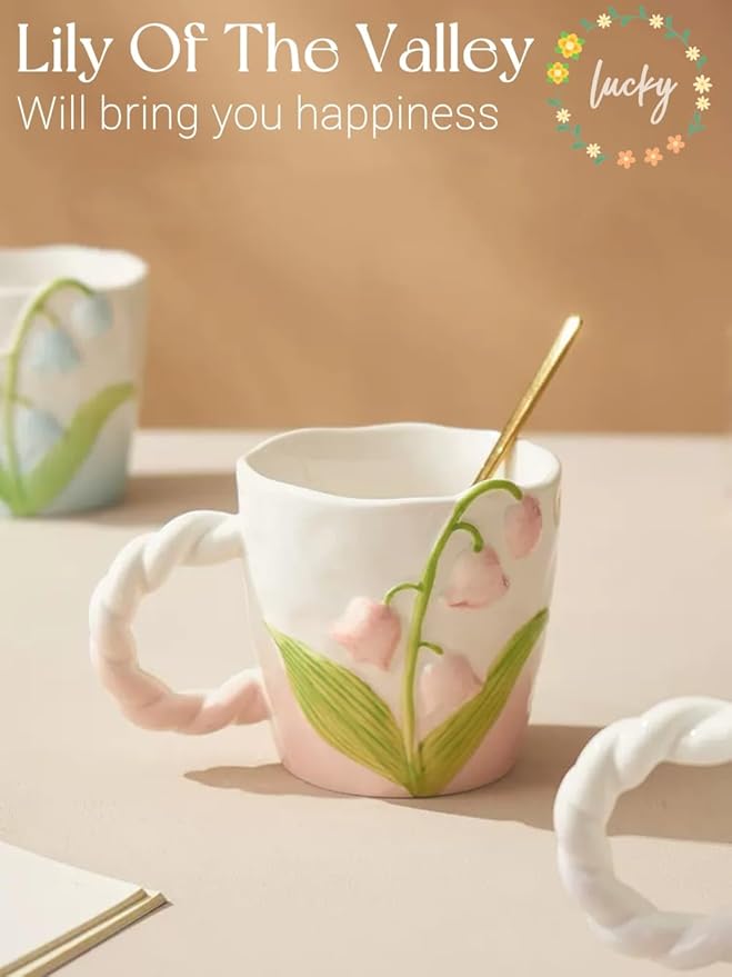 Flower Mugs with Handle, Cute Ceramic Coffee Teacups for Women, Floral Girly Mugs for Christmas, 13oz (Pink)
