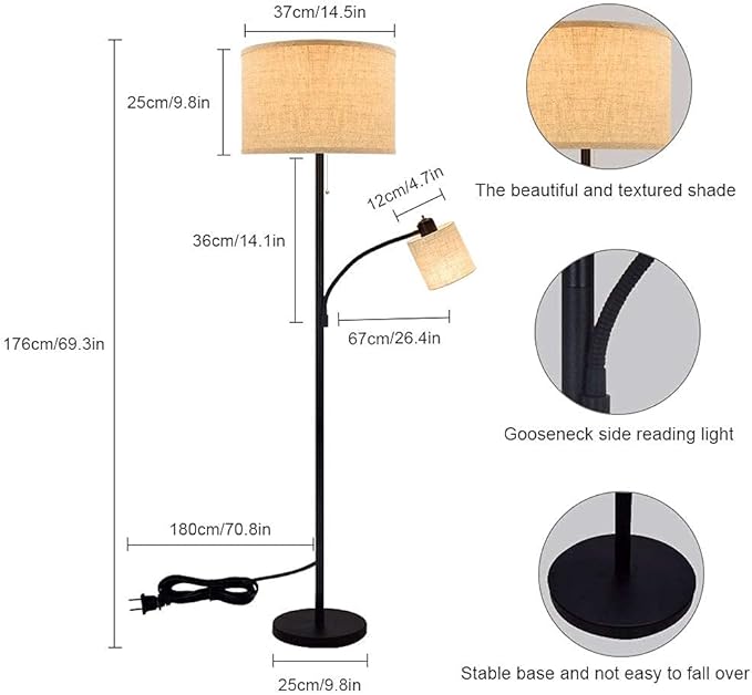 DLLT Living Room Standing Floor Lamps for Reading, Modern Tall Pole Lamp for Contemporary Home with Adjustable Side Light, Mid-Century Industrial Lighting with Drum Shade for Bedroom, Office, Metal