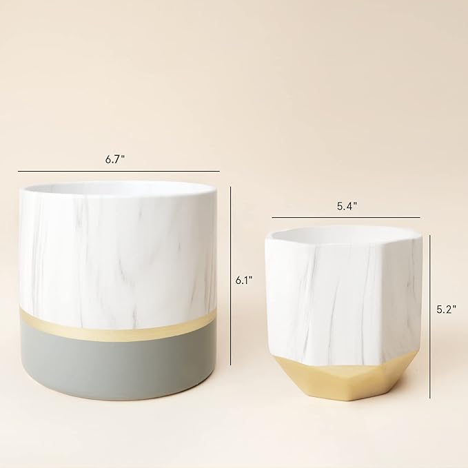 LA JOLIE MUSE White Ceramic Flower Pot Garden Planters 6.7 + 5.4 Inch Indoor, Plant Containers in a Marble Ink Pattern with Gold and Grey Detailing