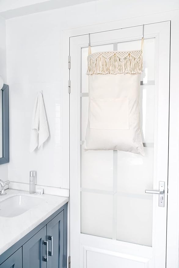 Mkono Macrame Hanging Laundry Hamper with Over The Door Hooks Saving Space Laundry Bag with Zipper and Wide Open Top Boho Decor Hanging Dorm Dirty Clothes Basket, for Bathroom Dorm Home Travel