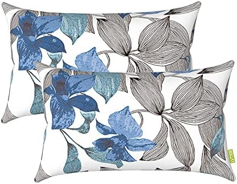 LVTXIII 2 Pack Outdoor Lumbar Pillow Covers, Water Repellent Lumbar Cushion Cases ONLY, 12 x 20 Inch Decorative Lumbar Pillow Cases for Home Patio Garden Furniture Ornament, Clemens Noir Blue