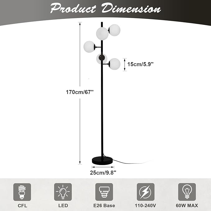 KCO Lighting Contemporary Standing Light 5-Light Frosted White Glass Globe Floor Lamp Modern Black Corner Tall Pole Lamp with Foot Switch for Home Office (Black)
