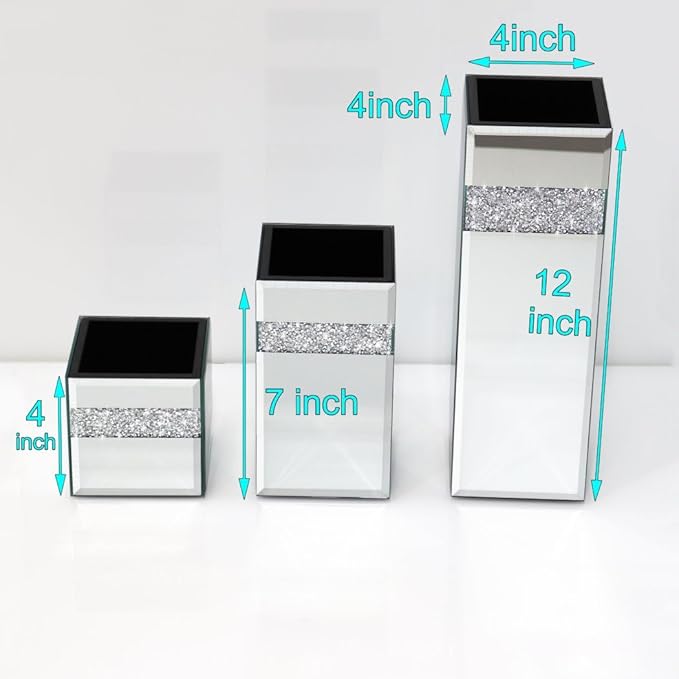 Crushed Diamond Mirrored Vase Pack of 3 Pieces Small Middle Large. Crystal Silver Mirror Glass Stunning Decorative Flower Vase Luxury for Home Decor. Can’t Hold Water.