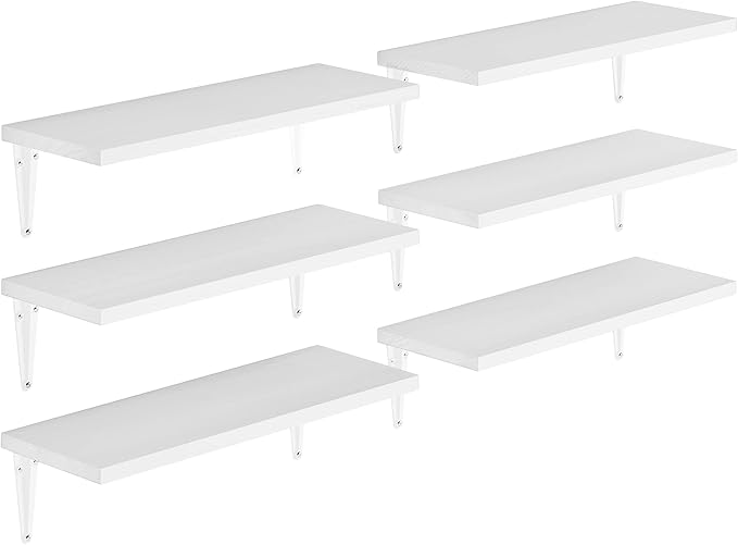 Wallniture Arras 17" x 6" Floating Shelves for Storage, Wall Bookshelf Living Room Decor, Wall Shelves for Kitchen, Bathroom Floating Shelf, Dining Room, Storage Shelf, Set of 6, White, Wood