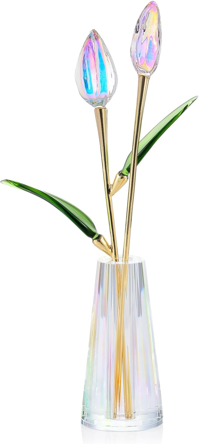 Crystal Tulips Figurine - Handmade Flowers with Vase - Glass Flower Bouquet Collectible Office Home Decor Paperweight - Tulip Gifts for Women Mom Bestfriend Wedding Anniversary