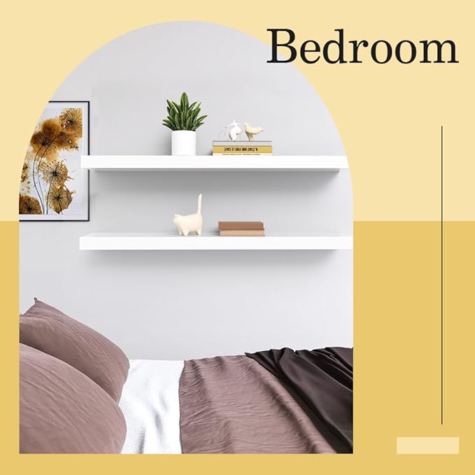 Floating Shelves for Wall, 35.5 Inch Long Natural Wood Shelf, White Rustic Decor for Bathroom Kitchen Bedroom, Hanging Mounted Invisible Bracket, Set of 2