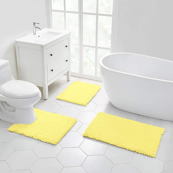 Walensee Bathroom Rug Non Slip Bath Mat (36x24 Inch Yellow) Water Absorbent Super Soft Shaggy Chenille Machine Washable Dry Extra Thick Perfect Absorbant Best Large Plush Carpet for Shower Floor